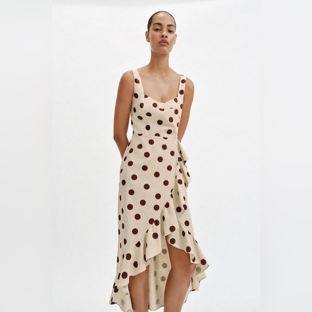 ZARA LINEN BLEND POLKA DOT MIDI DRESS